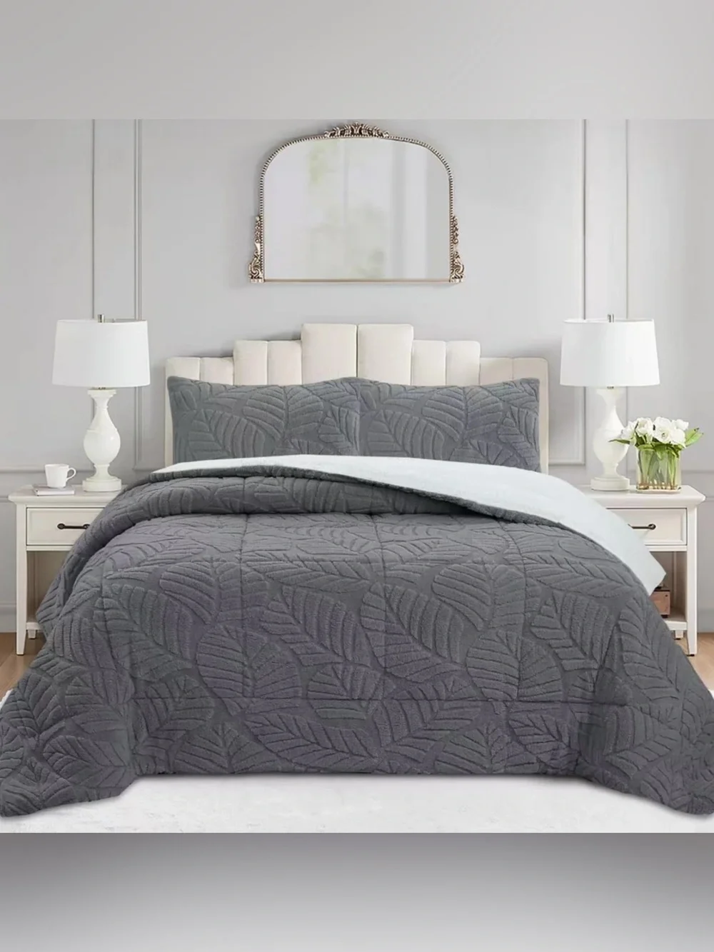 Gray Leaf-Pattern Reversible Comforter Set Queen 3 piece set